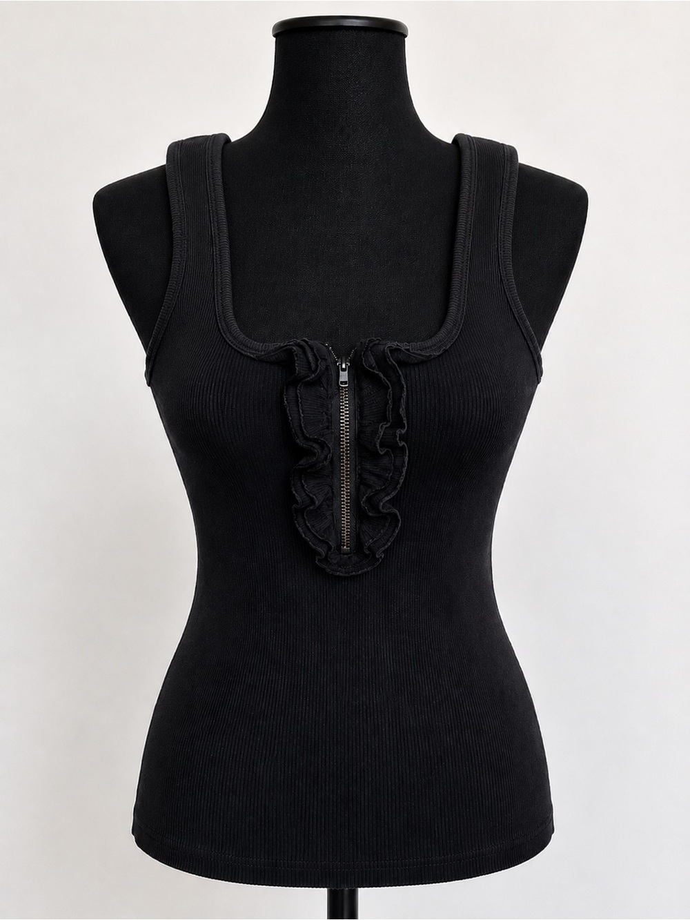 Urban Behavior Black Ribbed Tank with Front Ruffle Zip